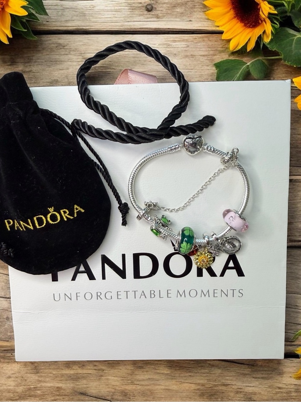 Pandora Silver Bracelet with Green, Pink & Yellow Glass Charms